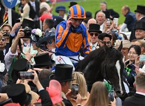 Jockey Ryan Moore returns to the winner's enclosure on Auguste Rodin after winning the Derby on the second day of the Epsom Derby Festival horse racing event in Surrey, southern England on June 3, 2023. (Photo by Ben Stansall / AFP) (Photo by BEN STANSALL/AFP via Getty Images)