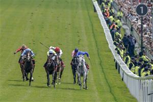EPSOM, ENGLAND - JUNE 03: Ryan Moore riding Regal Reality (L, light blue) win The Betfred Diomed Stakes on Derby Day at Epsom Racecourse on June 03, 2023 in Epsom, England. (Photo by Alan Crowhurst/Getty Images)