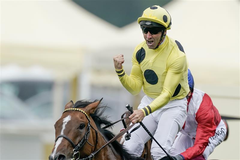 ASCOT, ENGLAND - JUNE 20: Neil Callan celebrates as he rides Triple Time to win The Queen Anne Stakes on day one during Royal Ascot 2023 at Ascot Racecourse on June 20, 2023 in Ascot, England. (Photo by Alan Crowhurst/Getty Images for Ascot Racecourse)