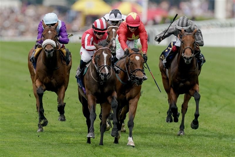 ASCOT, ENGLAND - JUNE 20: Hollie Doyle riding Bradsell (red/white cap) win The King's Stand Stakes on day one during Royal Ascot 2023 at Ascot Racecourse on June 20, 2023 in Ascot, England. (Photo by Alan Crowhurst/Getty Images for Ascot Racecourse)