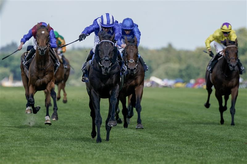 ASCOT, ENGLAND - JUNE 21: Jim Crowley riding Mostahdaf (blue/white) win The Prince Of Wales's Stakes on day two during Royal Ascot 2023 at Ascot Racecourse on June 21, 2023 in Ascot, England. (Photo by Alan Crowhurst/Getty Images for Ascot Racecourse)