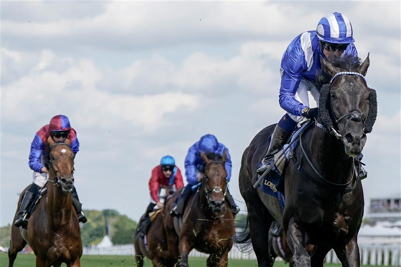 ASCOT, ENGLAND - JUNE 21: Jim Crowley riding Mostahdaf (blue/white) win The Prince Of Wales's Stakes on day two during Royal Ascot 2023 at Ascot Racecourse on June 21, 2023 in Ascot, England. (Photo by Alan Crowhurst/Getty Images for Ascot Racecourse)