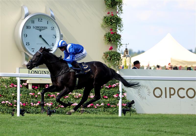 ASCOT, ENGLAND - JUNE 21: Jim Crowley riding Mostahdaf (blue/white) win The Prince Of Wales's Stakes on day two during Royal Ascot 2023 at Ascot Racecourse on June 21, 2023 in Ascot, England. (Photo by Tom Dulat/Getty Images for Ascot Racecourse)