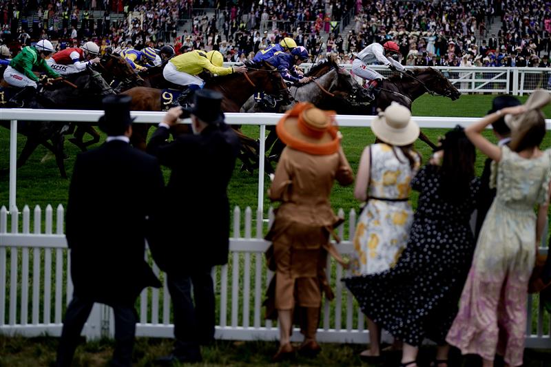 ASCOT, ENGLAND - JUNE 21: Colin Keane riding Villanova Queen (R, red cap) win The Kensington Palace Fillies' Handicap on day two during Royal Ascot 2023 at Ascot Racecourse on June 21, 2023 in Ascot, England. (Photo by Alan Crowhurst/Getty Images for Ascot Racecourse)