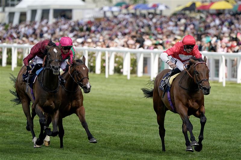 ASCOT, ENGLAND - JUNE 21: Daniel Tudhope riding Rogue Millennium (R) win The Duke Of Cambridge Stakes on day two during Royal Ascot 2023 at Ascot Racecourse on June 21, 2023 in Ascot, England. (Photo by Alan Crowhurst/Getty Images for Ascot Racecourse)