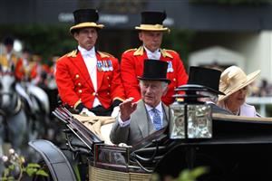 ASCOT, ENGLAND - JUNE 21: King Charles III arrives with Queen Camilla in The Royal Procession during day two of Royal Ascot 2023 at Ascot Racecourse on June 21, 2023 in Ascot, England. (Photo by Alex Pantling/Getty Images)