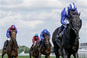 ASCOT, ENGLAND - JUNE 21: Jim Crowley riding Mostahdaf (blue/white) win The Prince Of Wales's Stakes on day two during Royal Ascot 2023 at Ascot Racecourse on June 21, 2023 in Ascot, England. (Photo by Alan Crowhurst/Getty Images for Ascot Racecourse)
