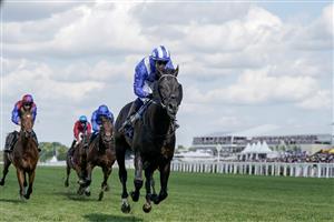ASCOT, ENGLAND - JUNE 21: Jim Crowley riding Mostahdaf (blue/white) win The Prince Of Wales's Stakes on day two during Royal Ascot 2023 at Ascot Racecourse on June 21, 2023 in Ascot, England. (Photo by Alan Crowhurst/Getty Images for Ascot Racecourse)