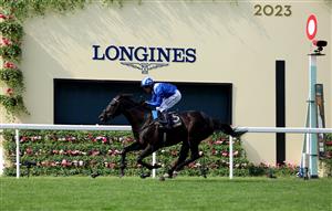 ASCOT, ENGLAND - JUNE 21: Jim Crowley riding Mostahdaf (blue/white) win The Prince Of Wales's Stakes on day two during Royal Ascot 2023 at Ascot Racecourse on June 21, 2023 in Ascot, England. (Photo by Tom Dulat/Getty Images for Ascot Racecourse)