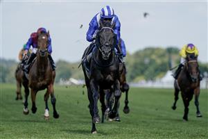 ASCOT, ENGLAND - JUNE 21: Jim Crowley riding Mostahdaf (blue/white) win The Prince Of Wales's Stakes on day two during Royal Ascot 2023 at Ascot Racecourse on June 21, 2023 in Ascot, England. (Photo by Alan Crowhurst/Getty Images for Ascot Racecourse)