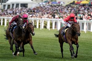 ASCOT, ENGLAND - JUNE 21: Daniel Tudhope riding Rogue Millennium (R) win The Duke Of Cambridge Stakes on day two during Royal Ascot 2023 at Ascot Racecourse on June 21, 2023 in Ascot, England. (Photo by Alan Crowhurst/Getty Images for Ascot Racecourse)