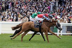 ASCOT, ENGLAND - JUNE 21: John Velazquez riding Crimson Advocate (red) win The Queen Mary Stakes on day two during Royal Ascot 2023 at Ascot Racecourse on June 21, 2023 in Ascot, England. (Photo by Alan Crowhurst/Getty Images for Ascot Racecourse)