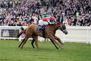 ASCOT, ENGLAND - JUNE 21: John Velazquez riding Crimson Advocate (red) win The Queen Mary Stakes on day two during Royal Ascot 2023 at Ascot Racecourse on June 21, 2023 in Ascot, England. (Photo by Alan Crowhurst/Getty Images for Ascot Racecourse)