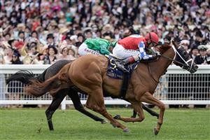 ASCOT, ENGLAND - JUNE 21: John Velazquez riding Crimson Advocate (red) win The Queen Mary Stakes on day two during Royal Ascot 2023 at Ascot Racecourse on June 21, 2023 in Ascot, England. (Photo by Alan Crowhurst/Getty Images for Ascot Racecourse)