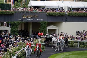 ASCOT, ENGLAND - JUNE 21: King Chrles III and Queen Camilla arrive in the parade ring on day two during Royal Ascot 2023 at Ascot Racecourse on June 21, 2023 in Ascot, England. (Photo by Alan Crowhurst/Getty Images for Ascot Racecourse)