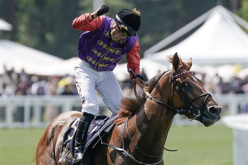 ASCOT, ENGLAND - JUNE 22: Tom Marquand celebrates after riding Desert Hero to win The King George V Stakes on day three during Royal Ascot 2023 at Ascot Racecourse on June 22, 2023 in Ascot, England. (Photo by Alan Crowhurst/Getty Images for Ascot Racecourse)