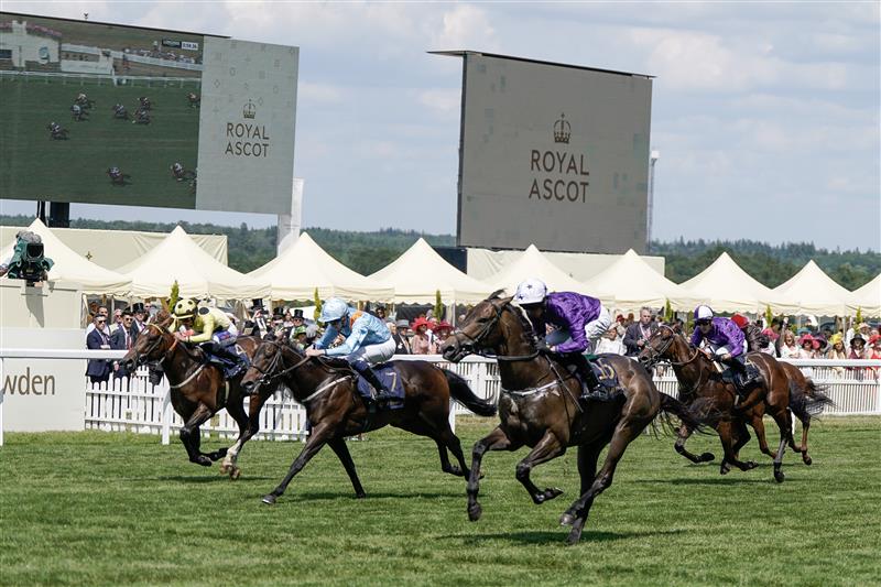 ASCOT, ENGLAND - JUNE 22: Rossa Ryan riding Valiant Force (purple) win The Norfolk Stakes on day three during Royal Ascot 2023 at Ascot Racecourse on June 22, 2023 in Ascot, England. (Photo by Alan Crowhurst/Getty Images for Ascot Racecourse)