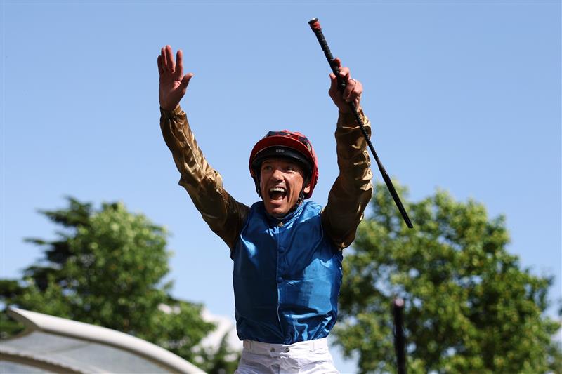 ASCOT, ENGLAND - JUNE 22: Frankie Dettori riding Courage Mon Ami celebrates winning The Gold Cup during day three of Royal Ascot 2023 at Ascot Racecourse on June 22, 2023 in Ascot, England. (Photo by Alex Pantling/Getty Images)