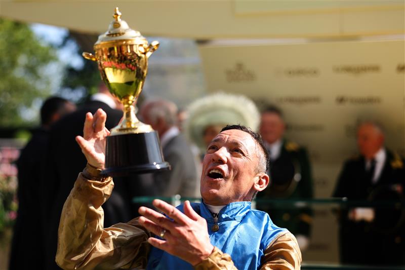 ASCOT, ENGLAND - JUNE 22: Frankie Dettori riding Courage Mon Ami celebrates winning The Gold Cup during day three of Royal Ascot 2023 at Ascot Racecourse on June 22, 2023 in Ascot, England. (Photo by Alex Pantling/Getty Images)