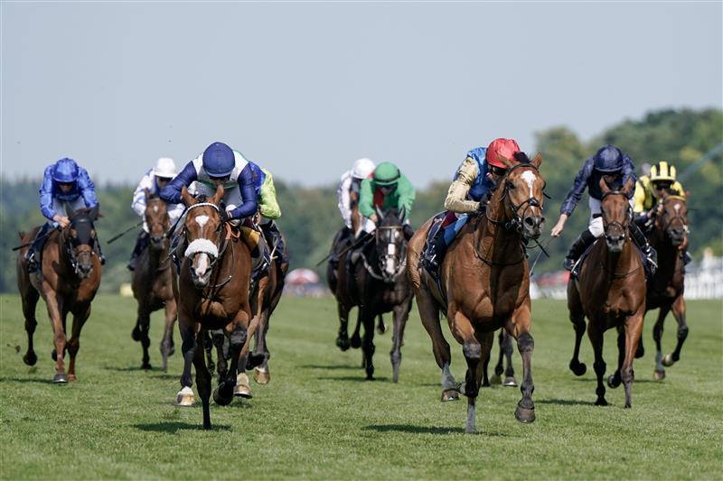 ASCOT, ENGLAND - JUNE 22: Frankie Dettori riding Courage Mon Ami (red cap) win The Gold Cup on day three during Royal Ascot 2023 at Ascot Racecourse on June 22, 2023 in Ascot, England. (Photo by Alan Crowhurst/Getty Images for Ascot Racecourse)