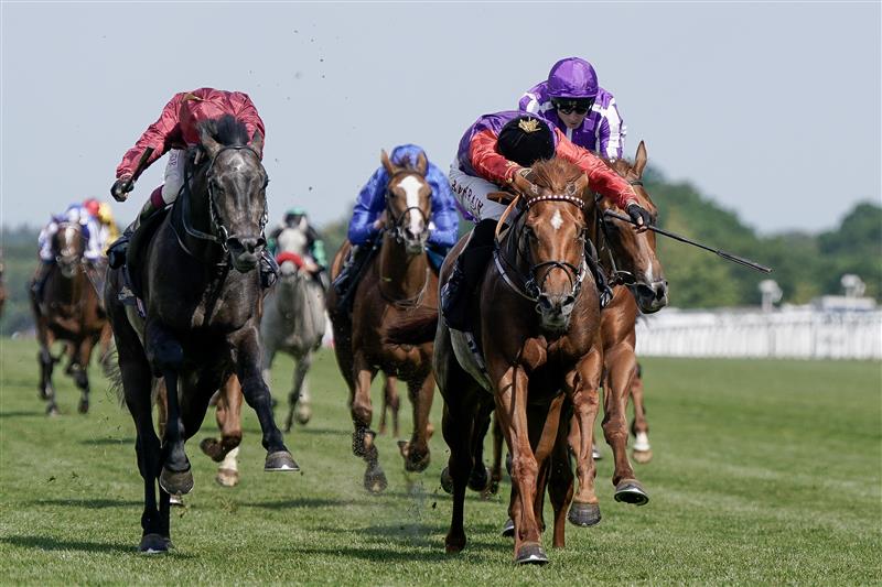 ASCOT, ENGLAND - JUNE 22: Tom Marquand riding Desert Hero (red sleeves, black cap) win The King George V Stakes on day three during Royal Ascot 2023 at Ascot Racecourse on June 22, 2023 in Ascot, England. (Photo by Alan Crowhurst/Getty Images for Ascot Racecourse)