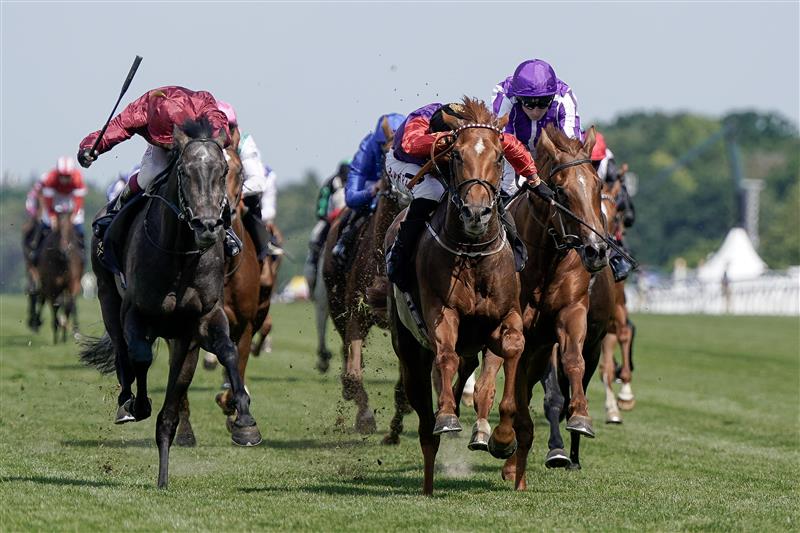 ASCOT, ENGLAND - JUNE 22: Tom Marquand riding Desert Hero (red sleeves, black cap) win The King George V Stakes on day three during Royal Ascot 2023 at Ascot Racecourse on June 22, 2023 in Ascot, England. (Photo by Alan Crowhurst/Getty Images for Ascot Racecourse)
