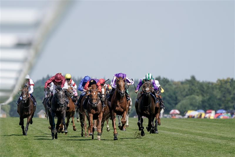 ASCOT, ENGLAND - JUNE 22: Tom Marquand riding Desert Hero (red sleeves, black cap) win The King George V Stakes on day three during Royal Ascot 2023 at Ascot Racecourse on June 22, 2023 in Ascot, England. (Photo by Alan Crowhurst/Getty Images for Ascot Racecourse)