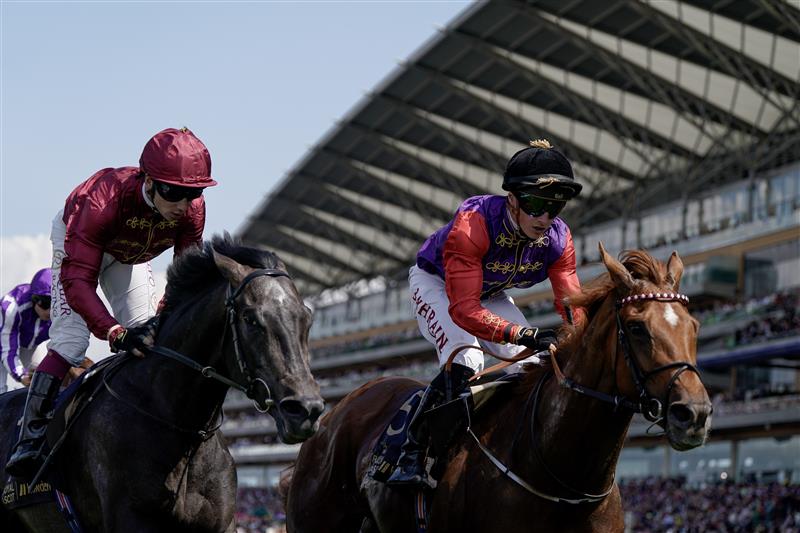 ASCOT, ENGLAND - JUNE 22: Tom Marquand riding Desert Hero (red sleeves, black cap) win The King George V Stakes on day three during Royal Ascot 2023 at Ascot Racecourse on June 22, 2023 in Ascot, England. (Photo by Alan Crowhurst/Getty Images for Ascot Racecourse)