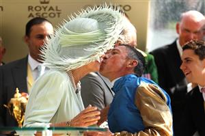 ASCOT, ENGLAND - JUNE 22: Frankie Dettori riding Courage Mon Ami kisses Queen Camilla on the cheek as he celebrates winning The Gold Cup during day three of Royal Ascot 2023 at Ascot Racecourse on June 22, 2023 in Ascot, England. (Photo by Alex Pantling/Getty Images)