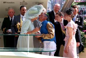 ASCOT, ENGLAND - JUNE 22: Queen Camilla congratulates Frankie Dettori after riding Courage Mon Ami to winning The Gold Cup on day three during Royal Ascot 2023 at Ascot Racecourse on June 22, 2023 in Ascot, England. (Photo by Tom Dulat/Getty Images for Ascot Racecourse)