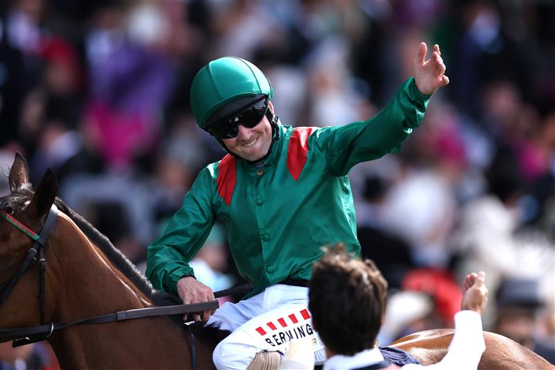 ASCOT, ENGLAND - JUNE 23: Chris Hayes celebrates riding Tahiyra to victory in tThe Coronation Stakes during day four of Royal Ascot 2023 at Ascot Racecourse on June 23, 2023 in Ascot, England. (Photo by Alex Pantling/Getty Images)