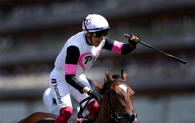 ASCOT, ENGLAND - JUNE 23: Frankie Dettori celebrates riding Portuna Fortuna to victory in The Albany Stakes during day four of Royal Ascot 2023 at Ascot Racecourse on June 23, 2023 in Ascot, England. (Photo by Alex Pantling/Getty Images)