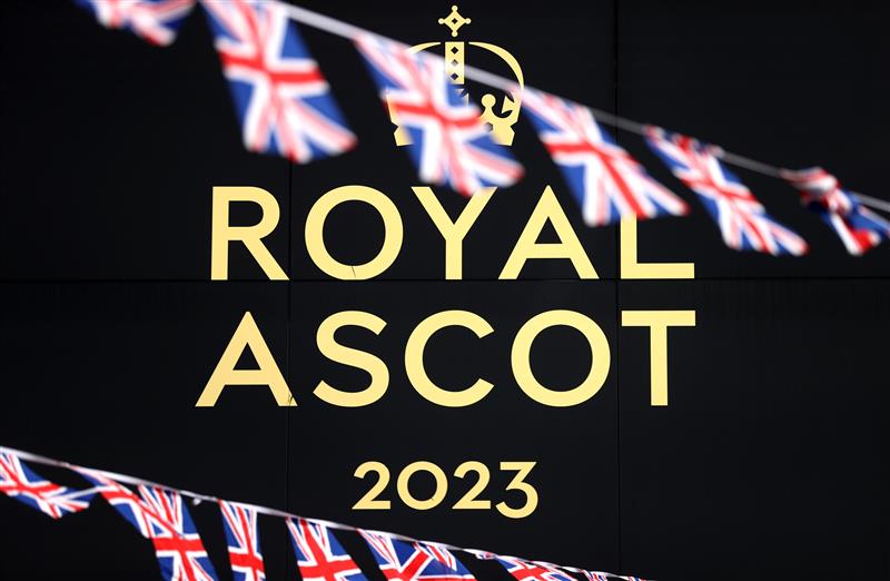 ASCOT, ENGLAND - JUNE 23: British flags fly in the wind in-front of signage during day four of Royal Ascot 2023 at Ascot Racecourse on June 23, 2023 in Ascot, England. (Photo by Alex Pantling/Getty Images)