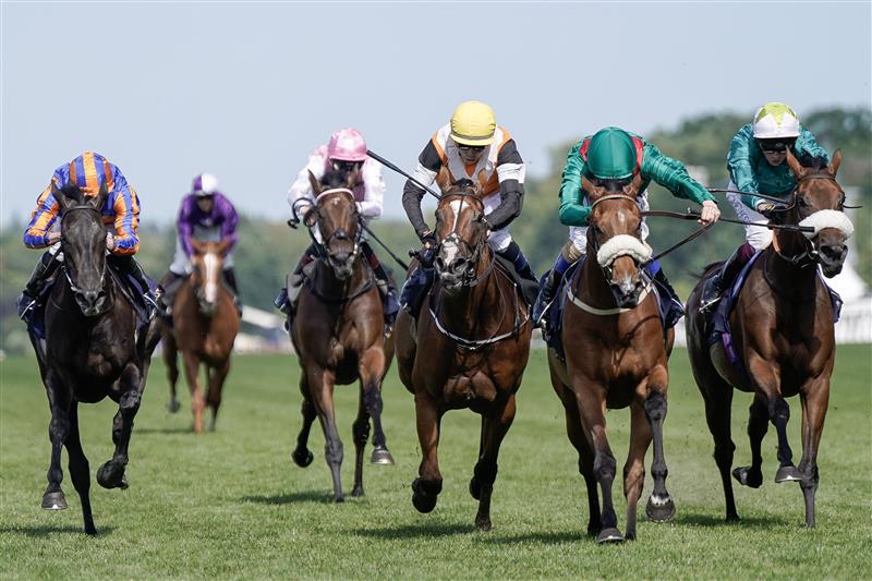 ASCOT, ENGLAND - JUNE 23: Chris Hayes riding Tahiyra (green cap) win The Coronation Stakes on day four during Royal Ascot 2023 at Ascot Racecourse on June 23, 2023 in Ascot, England. (Photo by Alan Crowhurst/Getty Images for Ascot Racecourse)
