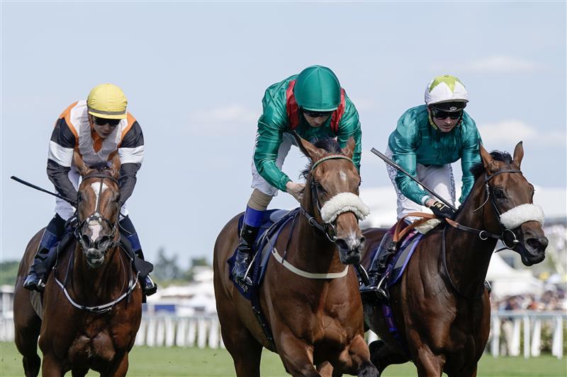 ASCOT, ENGLAND - JUNE 23: Chris Hayes riding Tahiyra (green cap) win The Coronation Stakes on day four during Royal Ascot 2023 at Ascot Racecourse on June 23, 2023 in Ascot, England. (Photo by Alan Crowhurst/Getty Images for Ascot Racecourse)