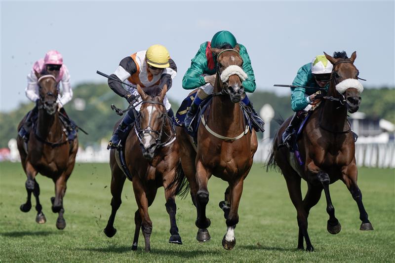ASCOT, ENGLAND - JUNE 23: Chris Hayes riding Tahiyra (green cap) win The Coronation Stakes on day four during Royal Ascot 2023 at Ascot Racecourse on June 23, 2023 in Ascot, England. (Photo by Alan Crowhurst/Getty Images for Ascot Racecourse)