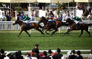 Jockey Chris Hayes riding Tahiyra (L) compete to win ahead of second-placed Remarquee ridden by Rob Hornby (R) and third-placed Sounds of Heaven ridden by jockey Ronan Whelan (C), in the Coronation Stakes race on the fourth day of the Royal Ascot horse racing meeting in Ascot, west of London, on June 23, 2023. (Photo by HENRY NICHOLLS / AFP) / "The erroneous mention[s] appearing in the metadata of this photo by HENRY NICHOLLS has been modified in AFP systems in the following manner: [Jockey Chris Hayes riding Tahiyra (L) compete to win ahead of second-placed Remarquee ridden by Rob Hornby (R) and third-placed Sounds of Heaven ridden by jockey Ronan Whelan (C)] instead of [Jockey Chrids Hayes riding Tahiyra (L) compete to win ahead of third-placed Remaruee ridden by jockey Rob Hornby, in the Coronation Stakes race on the fourth day of the Royal Ascot horse racing meeting in Ascot, west of London, on June 23, 2023.]. Please immediately remove the erroneous mention[s] from all your online services and delete it (them) from your servers. If you have been authorized by AFP to distribute it (them) to third parties, please ensure that the same actions are carried out by them. Failure to promptly comply with these instructions will entail liability on your part for any continued or post notification usage. Therefore we thank you very much for all your attention and prompt action. We are sorry for the inconvenience this notification may cause and remain at your disposal for any further information you may require." (Photo by HENRY NICHOLLS/AFP via Getty Images)