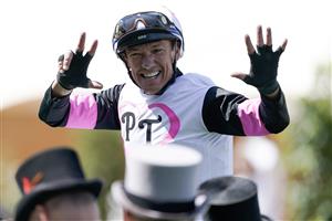ASCOT, ENGLAND - JUNE 23: Frankie Dettori celebrates after riding Porta Fortuna to win The Albany Stakes on day four during Royal Ascot 2023 at Ascot Racecourse on June 23, 2023 in Ascot, England. (Photo by Alan Crowhurst/Getty Images for Ascot Racecourse)