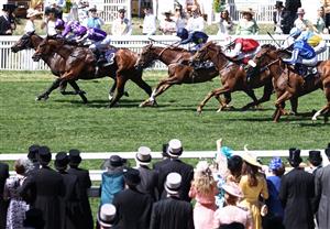 Jockey Oisin Murphy rides Shaquille (L) to victory over Ryan Moore on Little Big Bear (2L) in the Commonwealth Cup on the fourth day of the Royal Ascot horse racing meeting in Ascot, west of London, on June 23, 2023. (Photo by HENRY NICHOLLS / AFP) (Photo by HENRY NICHOLLS/AFP via Getty Images)