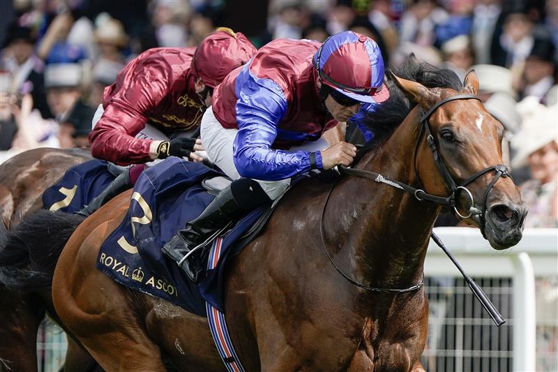 ASCOT, ENGLAND - JUNE 24: Wayne Lordan riding Ace Of Kings (blue/maroon) win The Jersey Stakes on day five during Royal Ascot 2023 at Ascot Racecourse on June 24, 2023 in Ascot, England. (Photo by Alan Crowhurst/Getty Images for Ascot Racecourse)