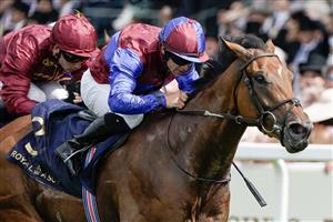 ASCOT, ENGLAND - JUNE 24: Wayne Lordan riding Ace Of Kings (blue/maroon) win The Jersey Stakes on day five during Royal Ascot 2023 at Ascot Racecourse on June 24, 2023 in Ascot, England. (Photo by Alan Crowhurst/Getty Images for Ascot Racecourse)