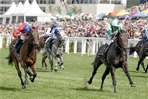 ASCOT, ENGLAND - JUNE 24: Jamie Spencer riding Khaadem (oink/green) win The Queen Elizabeth II Jubilee Stakes on day five during Royal Ascot 2023 at Ascot Racecourse on June 24, 2023 in Ascot, England. (Photo by Alan Crowhurst/Getty Images for Ascot Racecourse)