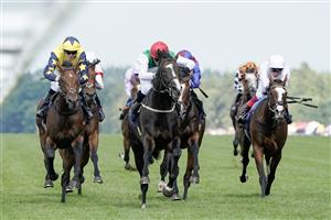 ASCOT, ENGLAND - JUNE 24: PJ McDonald riding Pyledriver (red cap) win The Hardwicke Stakes on day five during Royal Ascot 2023 at Ascot Racecourse on June 24, 2023 in Ascot, England. (Photo by Alan Crowhurst/Getty Images for Ascot Racecourse)