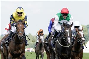 ASCOT, ENGLAND - JUNE 24: PJ McDonald riding Pyledriver (red cap) win The Hardwicke Stakes on day five during Royal Ascot 2023 at Ascot Racecourse on June 24, 2023 in Ascot, England. (Photo by Alan Crowhurst/Getty Images for Ascot Racecourse)