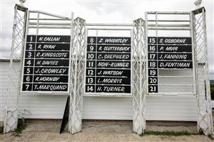 CHICHESTER, ENGLAND - AUGUST 04: An old style jockeys name board at Goodwood Racecourse on August 04, 2023 in Chichester, England. (Photo by Alan Crowhurst/Getty Images)