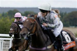 CHICHESTER, ENGLAND - AUGUST 04: Roya Nikkhah riding Terracotta Warrior (L) during The Markel Magnolia Cup at Goodwood Racecourse on August 04, 2023 in Chichester, England. (Photo by Alan Crowhurst/Getty Images)
