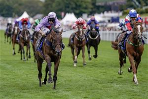 CHICHESTER, ENGLAND - AUGUST 04: Luke Morris riding Temporize (lilac) win The Coral Goodwood Handicap at Goodwood Racecourse on August 04, 2023 in Chichester, England. (Photo by Alan Crowhurst/Getty Images)