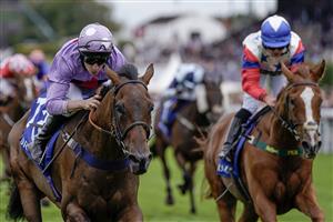 CHICHESTER, ENGLAND - AUGUST 04: Luke Morris riding Temporize (lilac) win The Coral Goodwood Handicap at Goodwood Racecourse on August 04, 2023 in Chichester, England. (Photo by Alan Crowhurst/Getty Images)