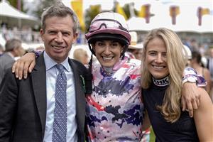 CHICHESTER, ENGLAND - AUGUST 04: Roya Nikkhah (C) with Jamie Osborne (L) and Saffie Osborne (R) before The Markel Magnolia Cup at Goodwood Racecourse on August 04, 2023 in Chichester, England. (Photo by Alan Crowhurst/Getty Images)