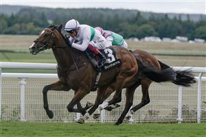 CHICHESTER, ENGLAND - AUGUST 04: Frankie Dettori riding Epictetus (white) win The Bonhams Thoroughbred Stakes from Ryan Moore and Nostrum at Goodwood Racecourse on August 04, 2023 in Chichester, England. (Photo by Alan Crowhurst/Getty Images)